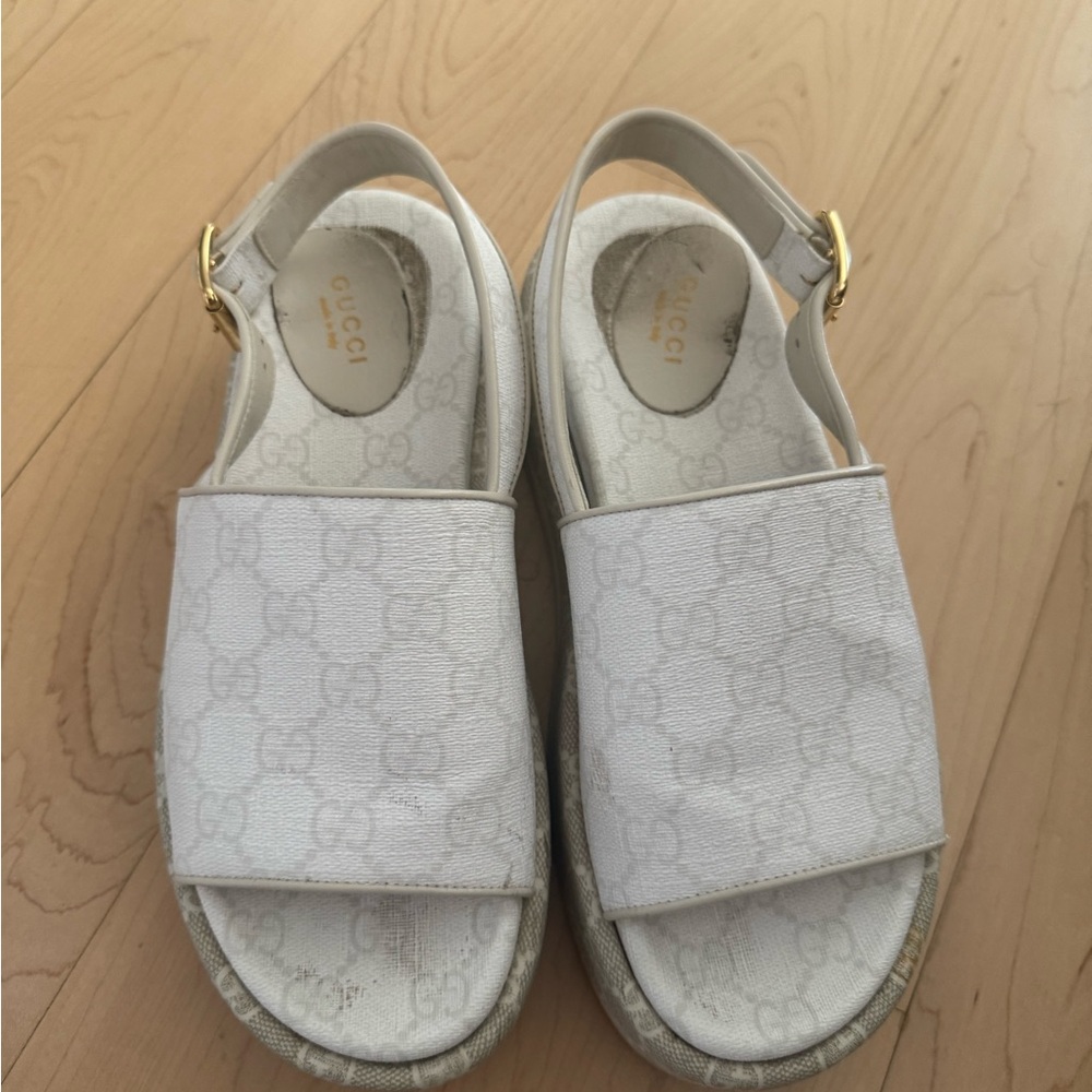 Gucci White Slides with Gold Accent